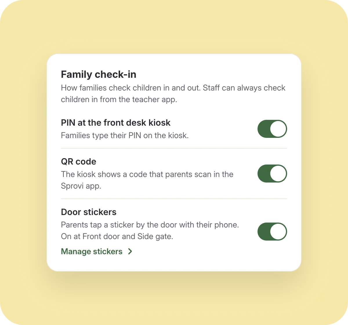 The dashboard's family check-in settings card with switches for each method