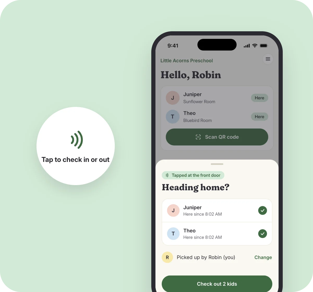 A door sticker that says Tap to check in or out, next to a phone showing the parent app tap sheet