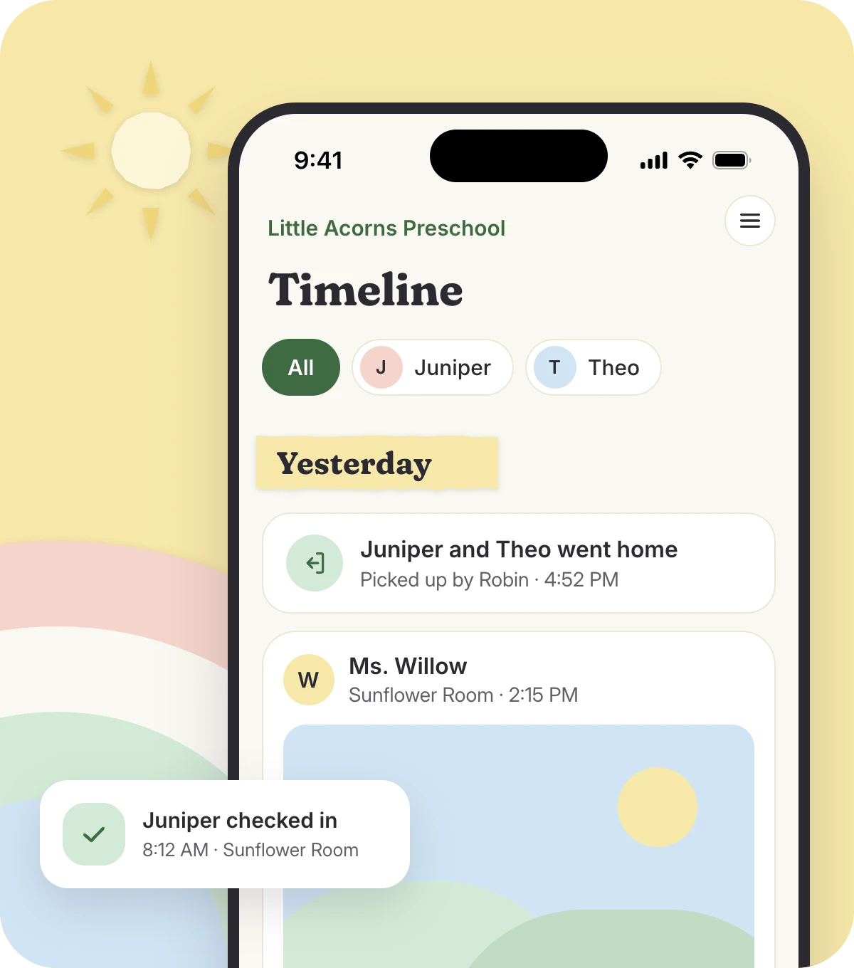 The Sprovi parent app on a phone, showing a timeline of check-ins, photos and announcements